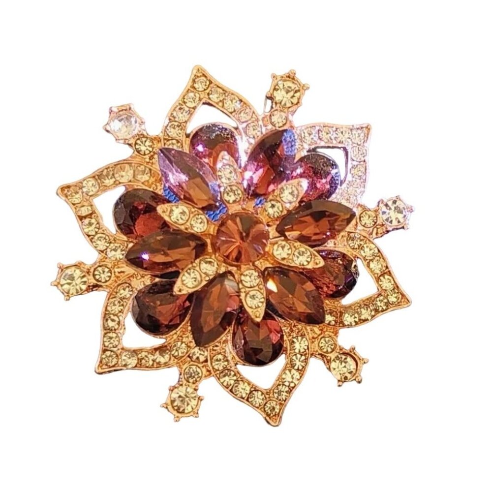 Gold Tone Rhinestone Purple Flower Brooch Pin